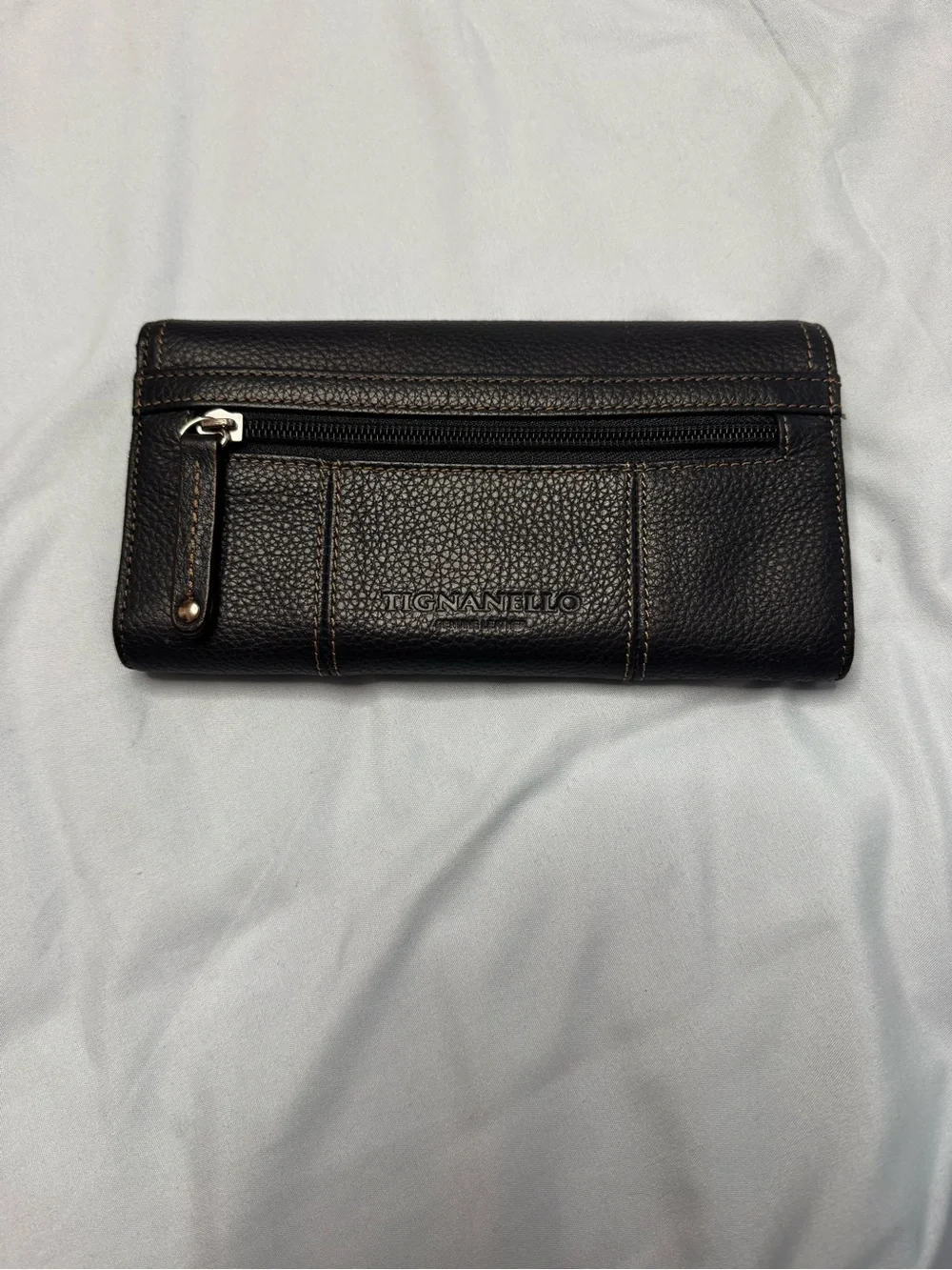 Tignanello Navy Pebbled Leather Wallet with Metal Logo Plaque